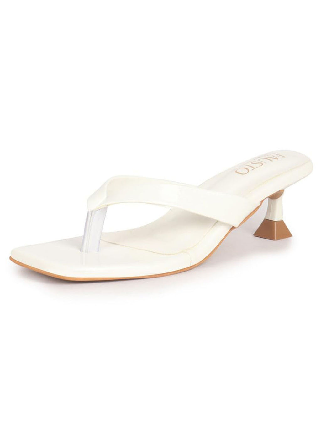 Women White Kitten Heel Slip-On Formal Sandals with T-Strap Design and Glossy Finish | Elegant 2.5 Inch Low Heels Thong Slippers for Work, Office, Party Wear