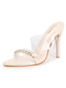 Women Beige Transparent Stiletto Heels Party Sandals with Gold Chain Detail | Glam Slip-On Open Toe Dress 4.5 Inch High Heel Sandal for Wedding, Special Ocassion