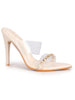 Women Beige Transparent Stiletto Heels Party Sandals with Gold Chain Detail | Glam Slip-On Open Toe Dress 4.5 Inch High Heel Sandal for Wedding, Special Ocassion