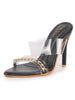 Women Black Transparent Stiletto Heels Party Sandals with Gold Chain Detail | Glam Slip-On Open Toe Dress 4.5 Inch High Heel Sandal for Wedding, Special Ocassion