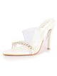 Women White Transparent Stiletto Heels Party Sandals with Gold Chain Detail | Glam Slip-On Open Toe Dress 4.5 Inch High Heel Sandal for Wedding, Special Ocassion