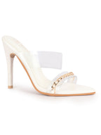 Women White Transparent Stiletto Heels Party Sandals with Gold Chain Detail | Glam Slip-On Open Toe Dress 4.5 Inch High Heel Sandal for Wedding, Special Ocassion