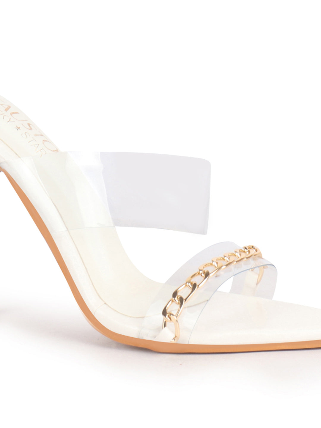 Women White Transparent Stiletto Heels Party Sandals with Gold Chain Detail | Glam Slip-On Open Toe Dress 4.5 Inch High Heel Sandal for Wedding, Special Ocassion