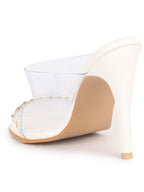 Women White Transparent Stiletto Heels Party Sandals with Gold Chain Detail | Glam Slip-On Open Toe Dress 4.5 Inch High Heel Sandal for Wedding, Special Ocassion