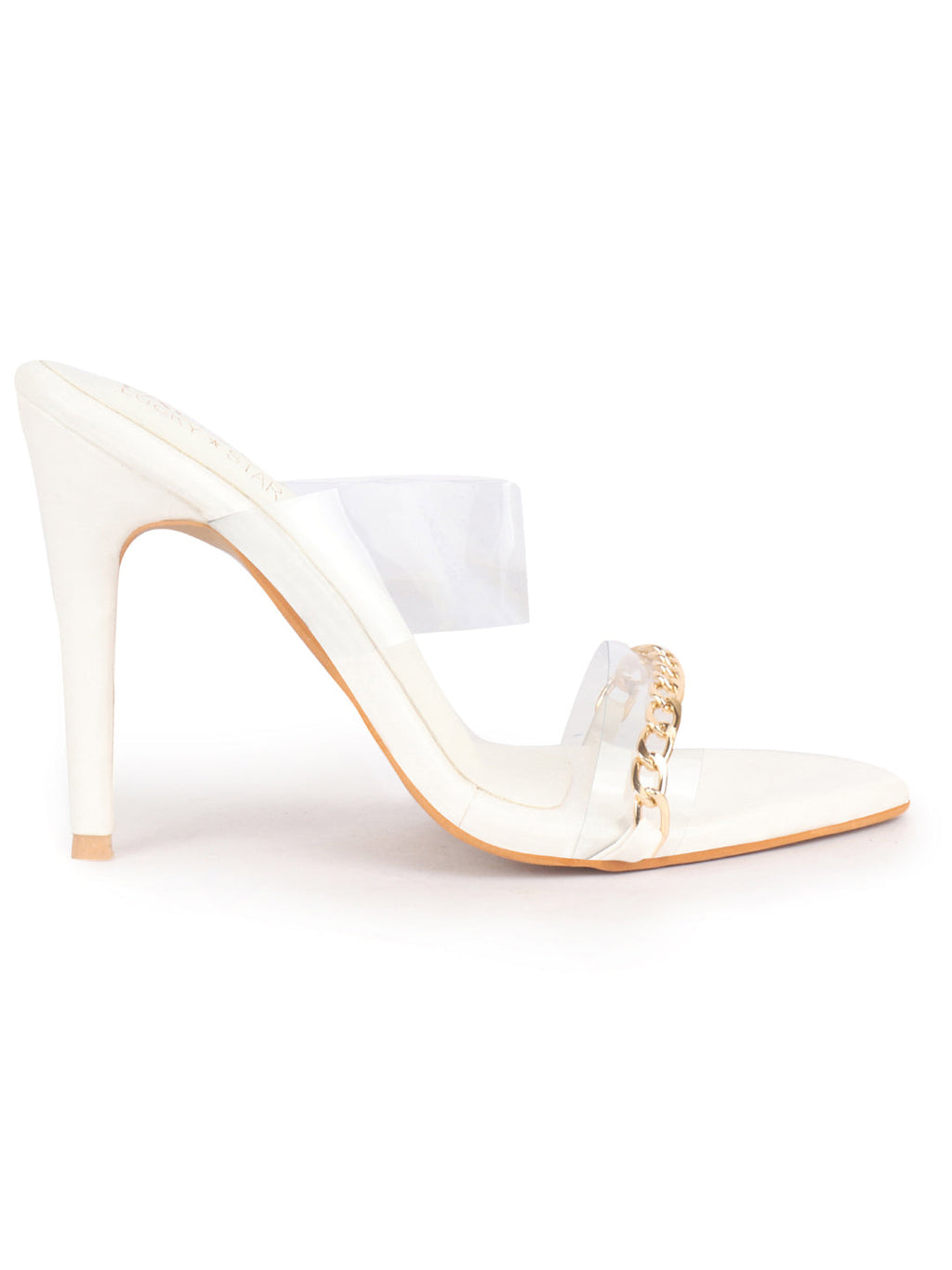 Women White Transparent Stiletto Heels Party Sandals with Gold Chain Detail | Glam Slip-On Open Toe Dress 4.5 Inch High Heel Sandal for Wedding, Special Ocassion