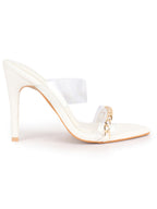 Women White Transparent Stiletto Heels Party Sandals with Gold Chain Detail | Glam Slip-On Open Toe Dress 4.5 Inch High Heel Sandal for Wedding, Special Ocassion