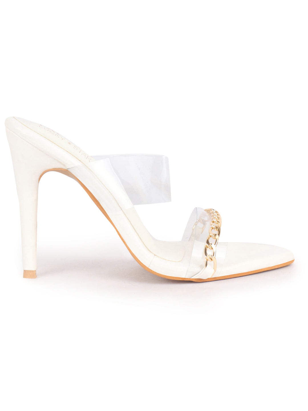 Women White Transparent Stiletto Heels Party Sandals with Gold Chain Detail | Glam Slip-On Open Toe Dress 4.5 Inch High Heel Sandal for Wedding, Special Ocassion