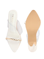 Women White Transparent Stiletto Heels Party Sandals with Gold Chain Detail | Glam Slip-On Open Toe Dress 4.5 Inch High Heel Sandal for Wedding, Special Ocassion