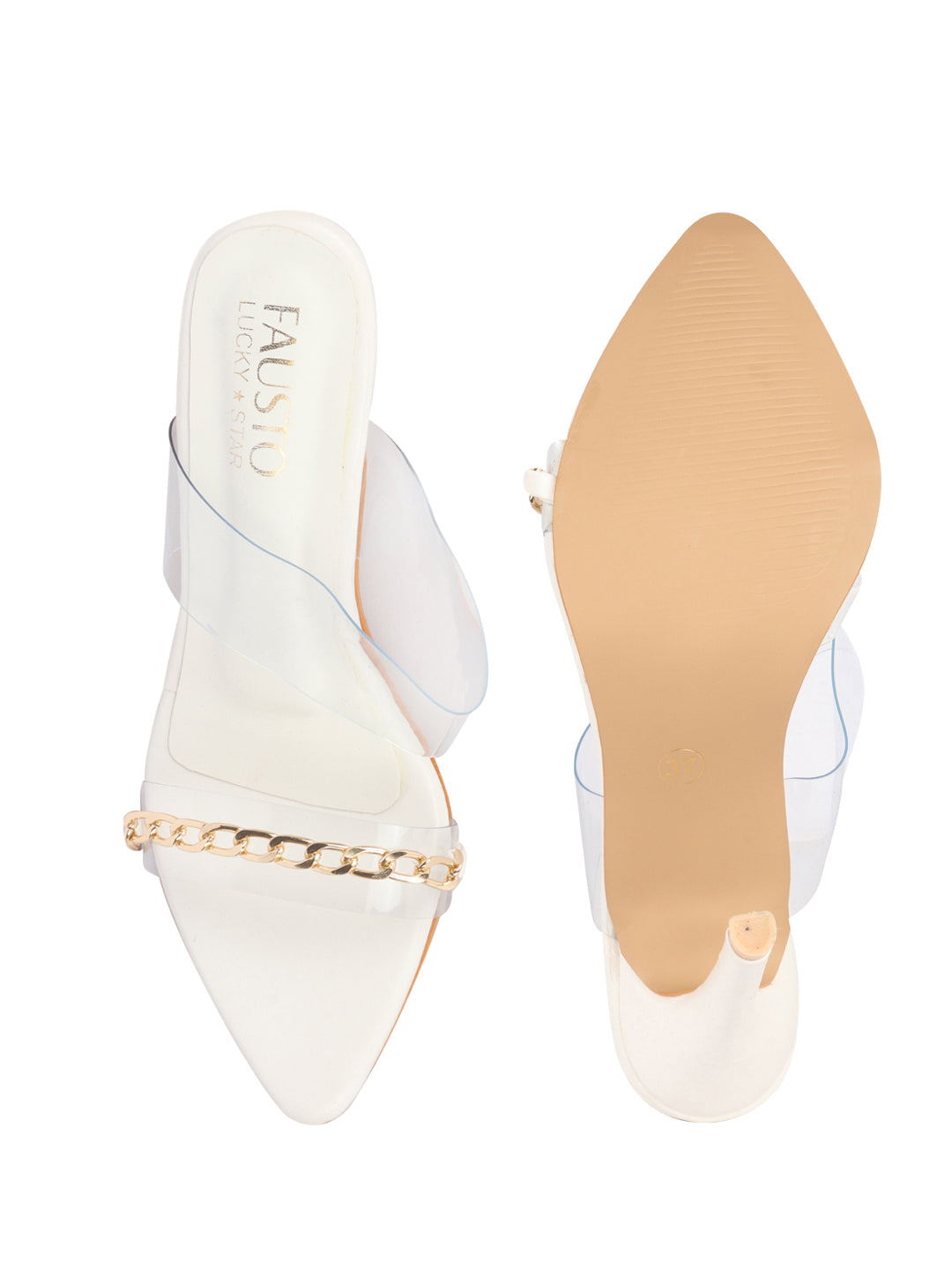 Women White Transparent Stiletto Heels Party Sandals with Gold Chain Detail | Glam Slip-On Open Toe Dress 4.5 Inch High Heel Sandal for Wedding, Special Ocassion