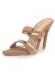 Women Beige Transparent Stiletto Heels Party Sandals with Gold Chain Detail|Glam Slip-On Open Toe Dress 4.5 Inch High Heel Sandal for Wedding, Special Ocassion
