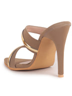 Women Beige Transparent Stiletto Heels Party Sandals with Gold Chain Detail | Glam Slip-On Open Toe Dress 4.5 Inch High Heel Sandal for Wedding, Special Ocassion