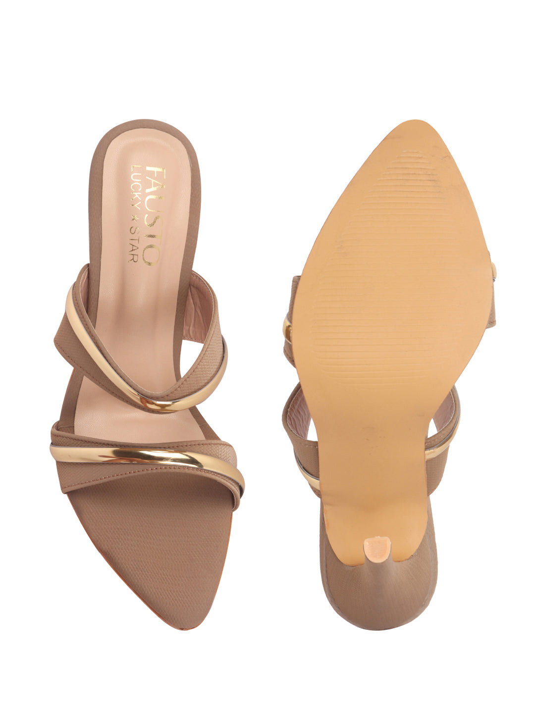 Women Beige Transparent Stiletto Heels Party Sandals with Gold Chain Detail | Glam Slip-On Open Toe Dress 4.5 Inch High Heel Sandal for Wedding, Special Ocassion