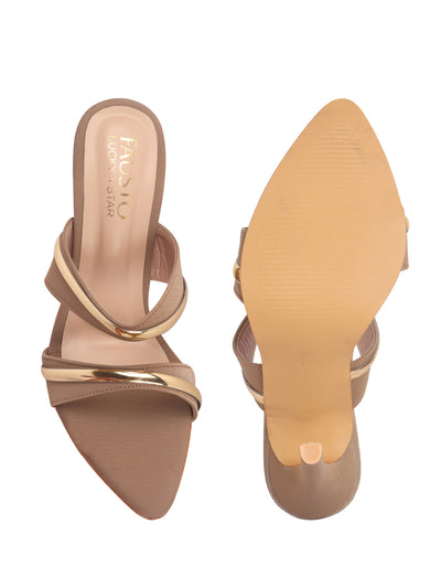 Women Beige Transparent Stiletto Heels Party Sandals with Gold Chain Detail | Glam Slip-On Open Toe Dress 4.5 Inch High Heel Sandal for Wedding, Special Ocassion