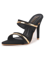 Women Black Transparent Stiletto Heels Party Sandals with Gold Chain Detail|Glam Slip-On Open Toe Dress 4.5 Inch High Heel Sandal for Wedding, Special Ocassion
