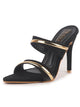 Women Black Transparent Stiletto Heels Party Sandals with Gold Chain Detail|Glam Slip-On Open Toe Dress 4.5 Inch High Heel Sandal for Wedding, Special Ocassion