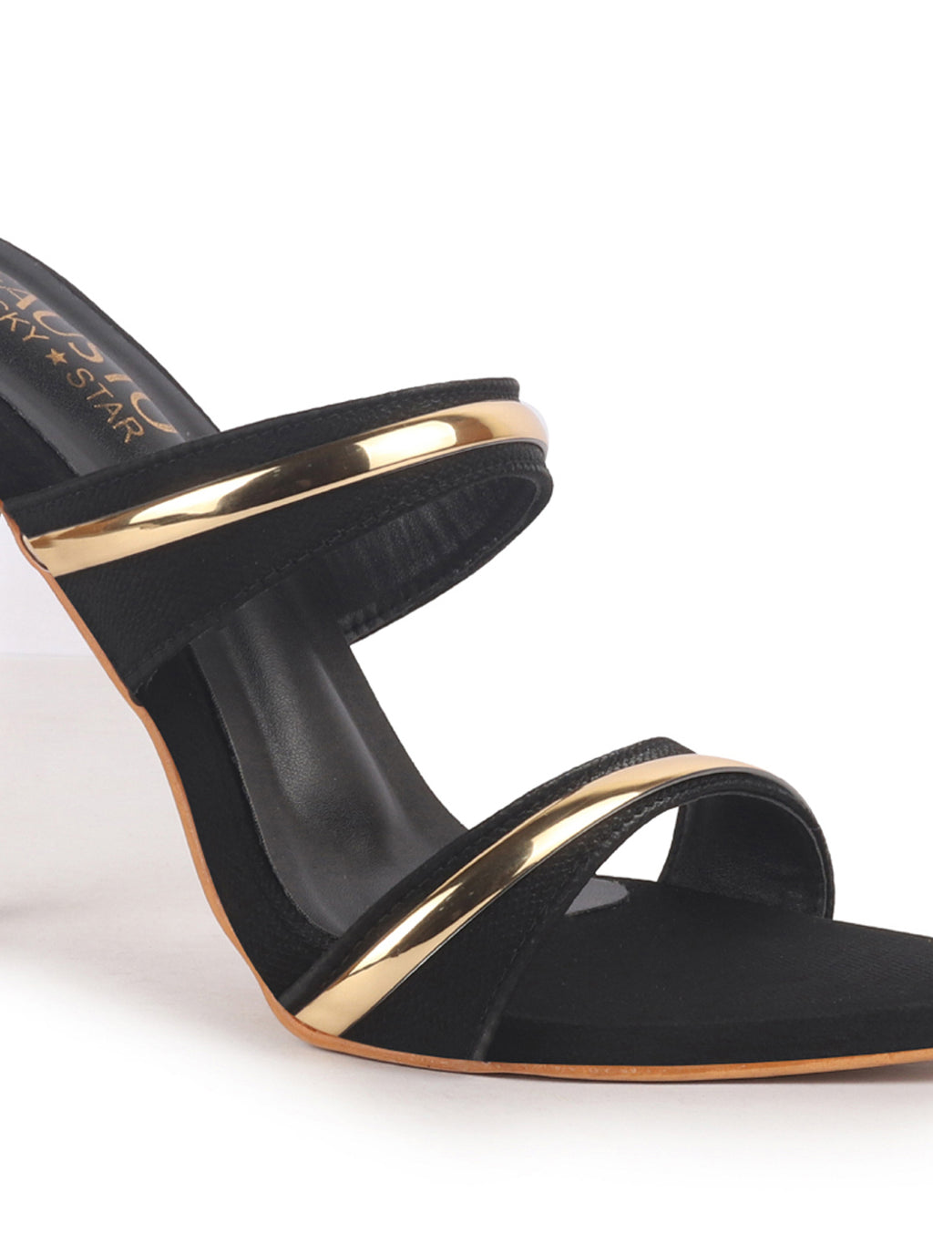 Women Black Transparent Stiletto Heels Party Sandals with Gold Chain Detail|Glam Slip-On Open Toe Dress 4.5 Inch High Heel Sandal for Wedding, Special Ocassion