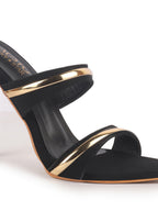 Women Black Transparent Stiletto Heels Party Sandals with Gold Chain Detail|Glam Slip-On Open Toe Dress 4.5 Inch High Heel Sandal for Wedding, Special Ocassion