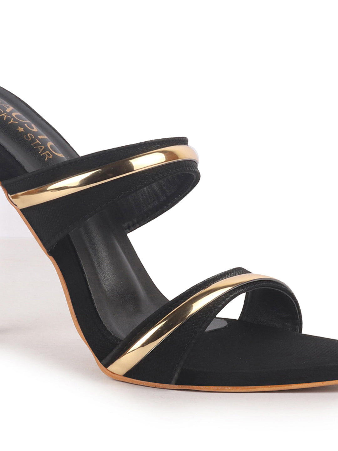 Women Black Transparent Stiletto Heels Party Sandals with Gold Chain Detail|Glam Slip-On Open Toe Dress 4.5 Inch High Heel Sandal for Wedding, Special Ocassion