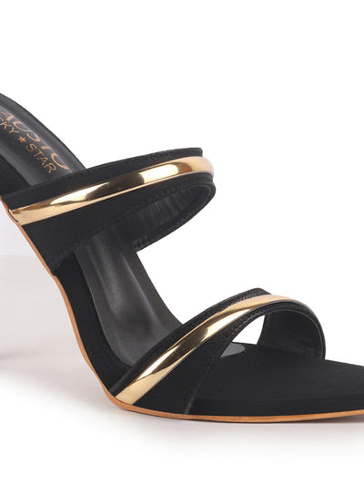 Women Black Transparent Stiletto Heels Party Sandals with Gold Chain Detail | Glam Slip-On Open Toe Dress 4.5 Inch High Heel Sandal for Wedding, Special Ocassion
