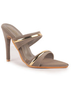 Women Grey Transparent Stiletto Heels Party Sandals with Gold Chain Detail|Glam Slip-On Open Toe Dress 4.5 Inch High Heel Sandal for Wedding, Special Ocassion