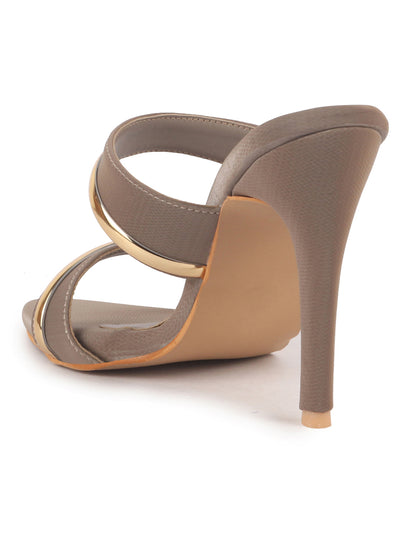 Women Grey Transparent Stiletto Heels Party Sandals with Gold Chain Detail | Glam Slip-On Open Toe Dress 4.5 Inch High Heel Sandal for Wedding, Special Ocassion