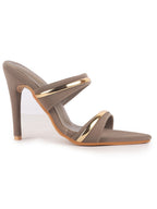 Women Grey Transparent Stiletto Heels Party Sandals with Gold Chain Detail|Glam Slip-On Open Toe Dress 4.5 Inch High Heel Sandal for Wedding, Special Ocassion