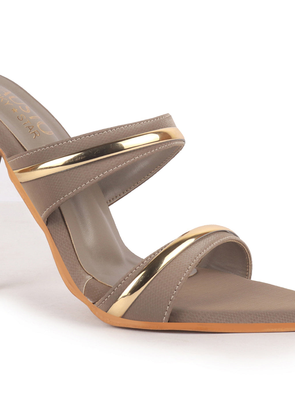 Women Grey Transparent Stiletto Heels Party Sandals with Gold Chain Detail|Glam Slip-On Open Toe Dress 4.5 Inch High Heel Sandal for Wedding, Special Ocassion