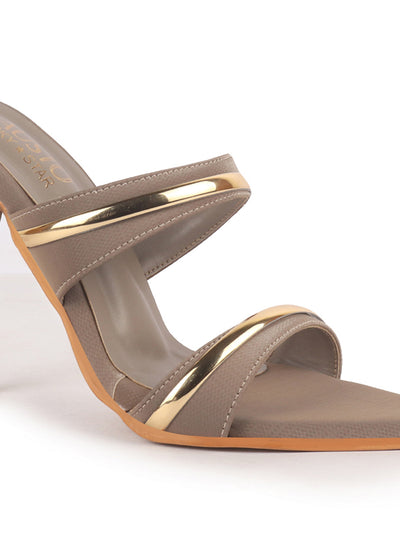 Women Grey Transparent Stiletto Heels Party Sandals with Gold Chain Detail | Glam Slip-On Open Toe Dress 4.5 Inch High Heel Sandal for Wedding, Special Ocassion