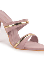 Women Pink Transparent Stiletto Heels Party Sandals with Gold Chain Detail|Glam Slip-On Open Toe Dress 4.5 Inch High Heel Sandal for Wedding, Special Ocassion