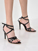 Women Black Stiletto Gladiator Pointed Heels Sandals | Bold Party Wear Sandals with Glossy Finish | 4.25 Inch High Heel for Party, Wedding, Work, Corporate Meetings
