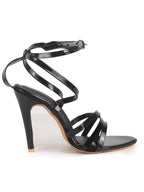 Women Black Stiletto Gladiator Pointed Heels Sandals | Bold Party Wear Sandals with Glossy Finish | 4.25 Inch High Heel for Party, Wedding, Work, Corporate Meetings