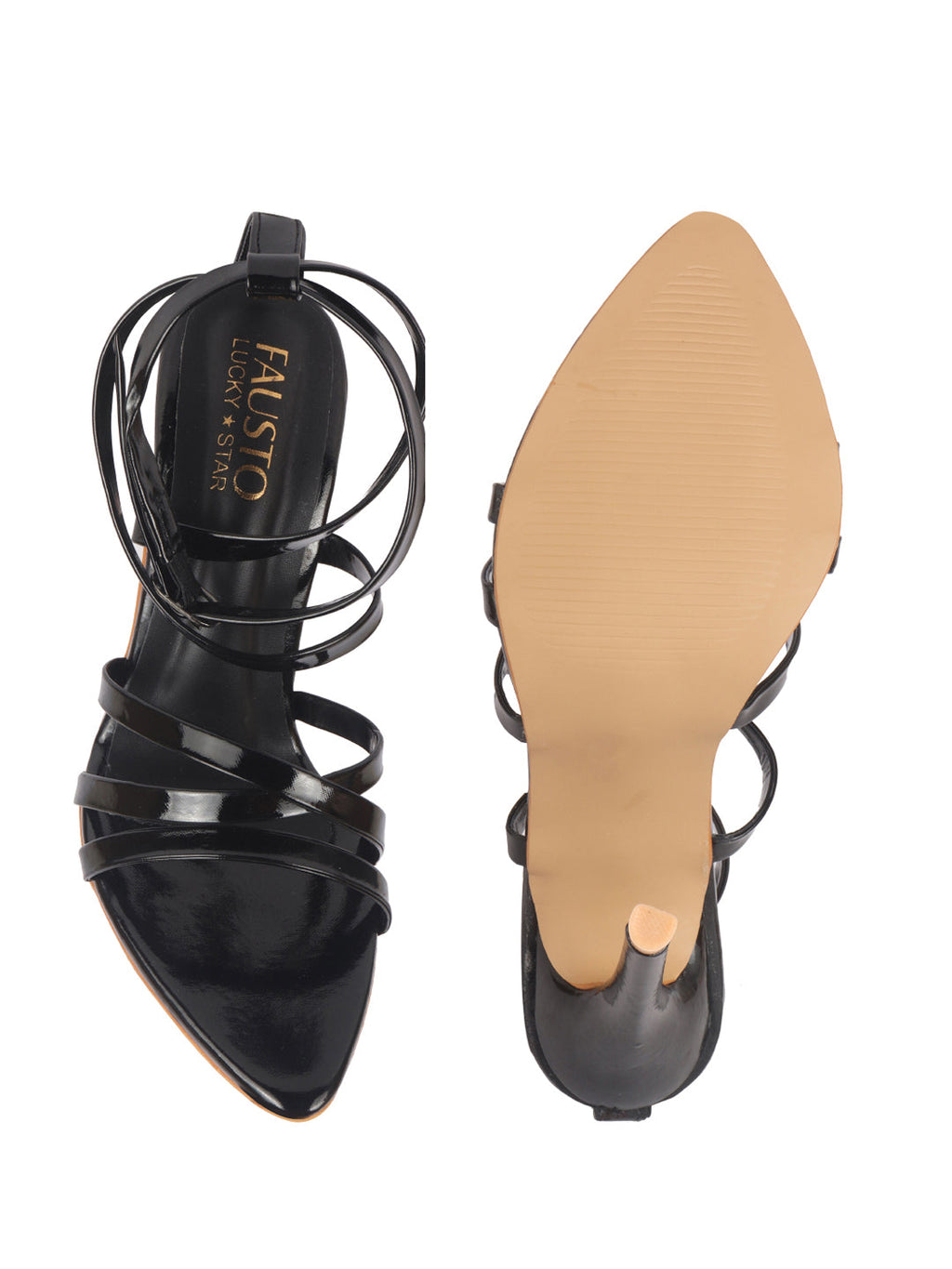 Women Black Stiletto Gladiator Pointed Heels Sandals | Bold Party Wear Sandals with Glossy Finish | 4.25 Inch High Heel for Party, Wedding, Work, Corporate Meetings