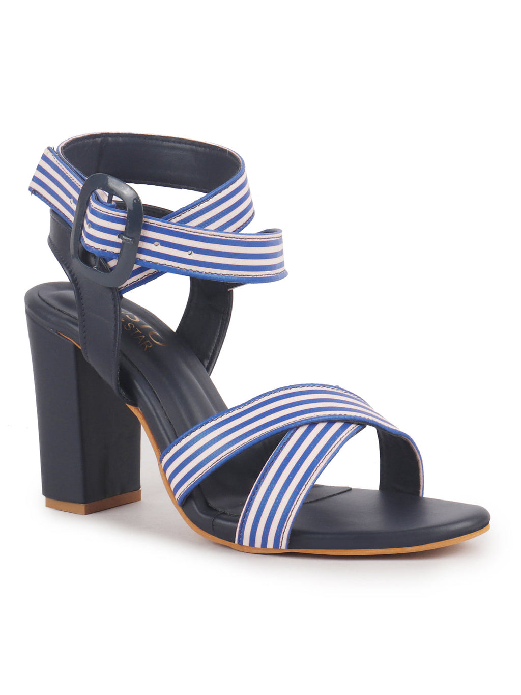 Women Blue Striped Gladiator Block Heel Sandals with Crisscross Straps | Comfortable Trendy 3 Inch Heel for Casual Outings, Work, Office