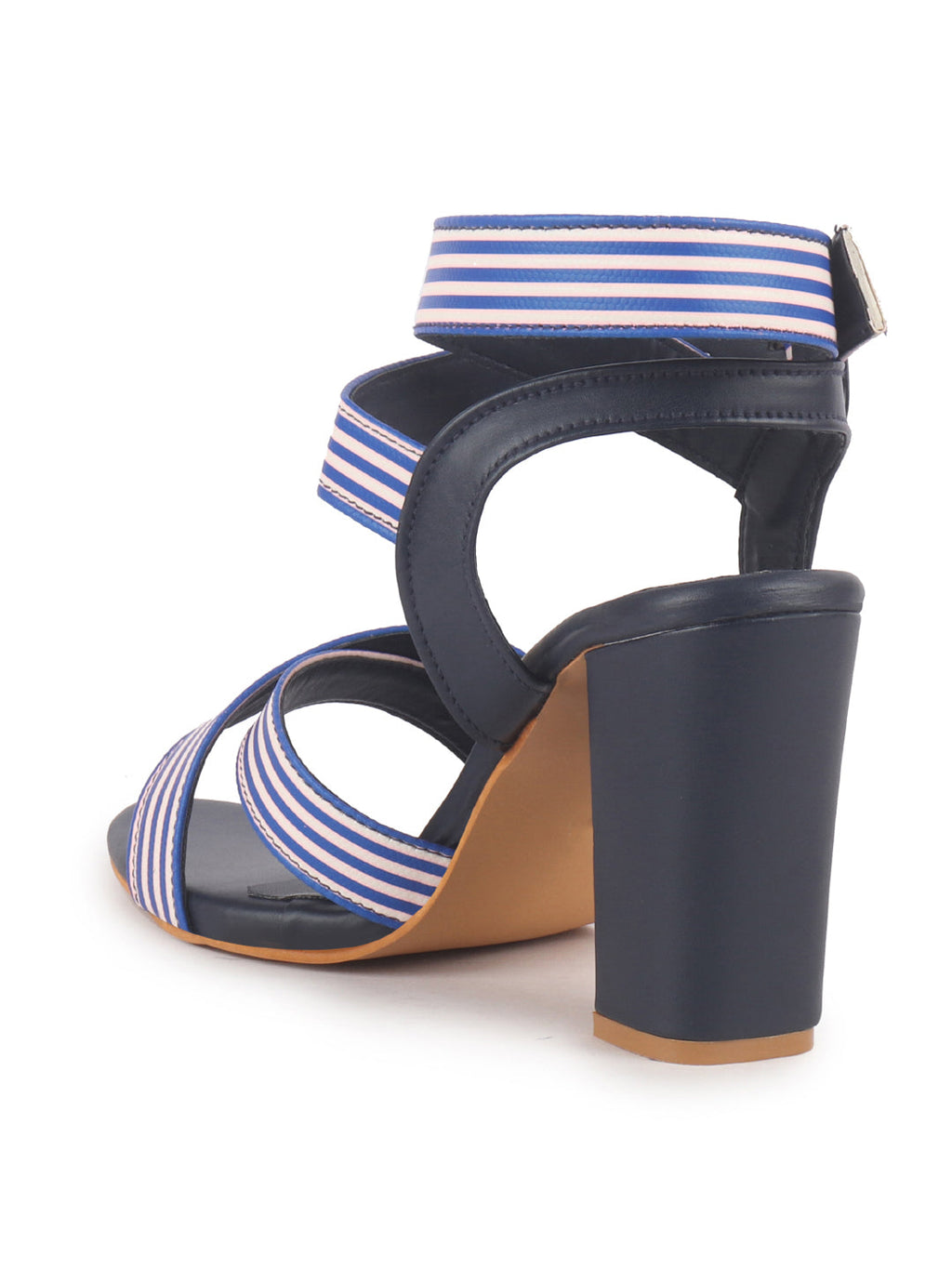 Women Blue Striped Gladiator Block Heel Sandals with Crisscross Straps | Comfortable Trendy 3 Inch Heel for Casual Outings, Work, Office