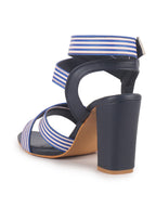 Women Blue Striped Gladiator Block Heel Sandals with Crisscross Straps | Comfortable Trendy 3 Inch Heel for Casual Outings, Work, Office