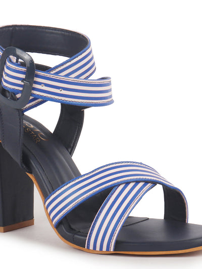 Women Blue Striped Gladiator Block Heel Sandals with Crisscross Straps | Comfortable Trendy 3 Inch Heel for Casual Outings, Work, Office