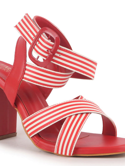 Women Red Striped Gladiator Block Heel Sandals with Crisscross Straps | Comfortable Trendy 3 Inch Heel for Casual Outings, Work, Office