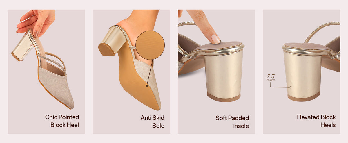 Women Gold Pointed Toe Block Heel Back Open Shoe Style Sandals|Soft Padded Insole|Semi Formal Outfit Shimmering Strap Sandals