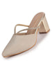 Women Gold Pointed Toe Block Heel Back Open Shoe Style Sandals|Soft Padded Insole|Semi Formal Outfit Shimmering Strap Sandals