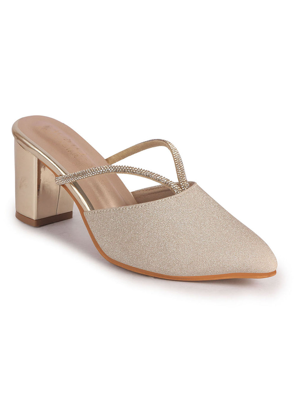 Women Gold Pointed Toe Block Heel Back Open Shoe Style Sandals|Soft Padded Insole|Semi Formal Outfit Shimmering Strap Sandals