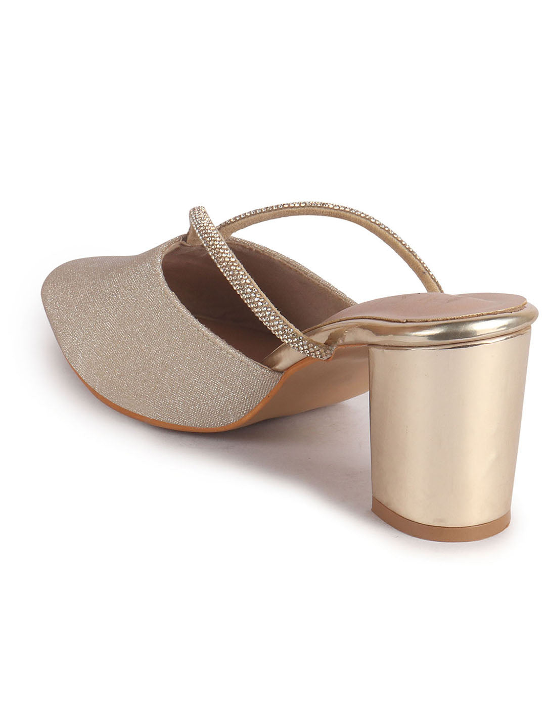 Women Gold Pointed Toe Block Heel Back Open Shoe Style Sandals|Soft Padded Insole|Semi Formal Outfit Shimmering Strap Sandals
