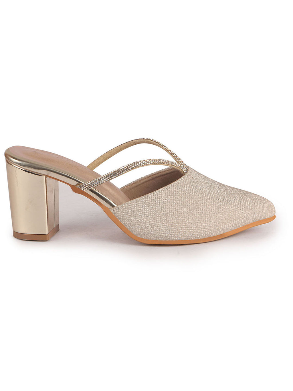 Women Gold Pointed Toe Block Heel Back Open Shoe Style Sandals|Soft Padded Insole|Semi Formal Outfit Shimmering Strap Sandals