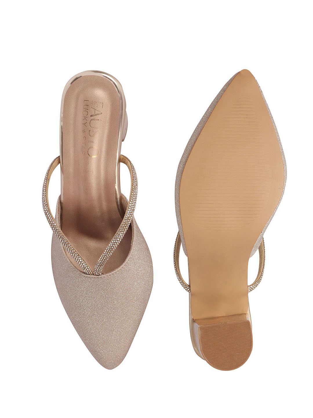 Women Gold Pointed Toe Block Heel Back Open Shoe Style Sandals|Soft Padded Insole|Semi Formal Outfit Shimmering Strap Sandals