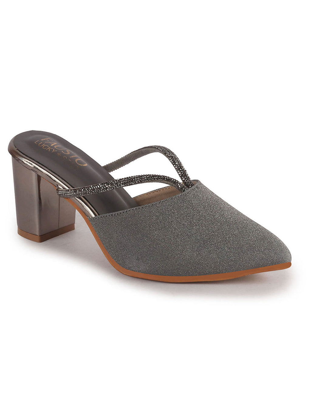 Women Grey Pointed Toe Block Heel Back Open Shoe Style Sandals|Soft Padded Insole|Semi Formal Outfit Shimmering Strap Sandals