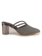 Women Grey Pointed Toe Block Heel Back Open Shoe Style Sandals|Soft Padded Insole|Semi Formal Outfit Shimmering Strap Sandals