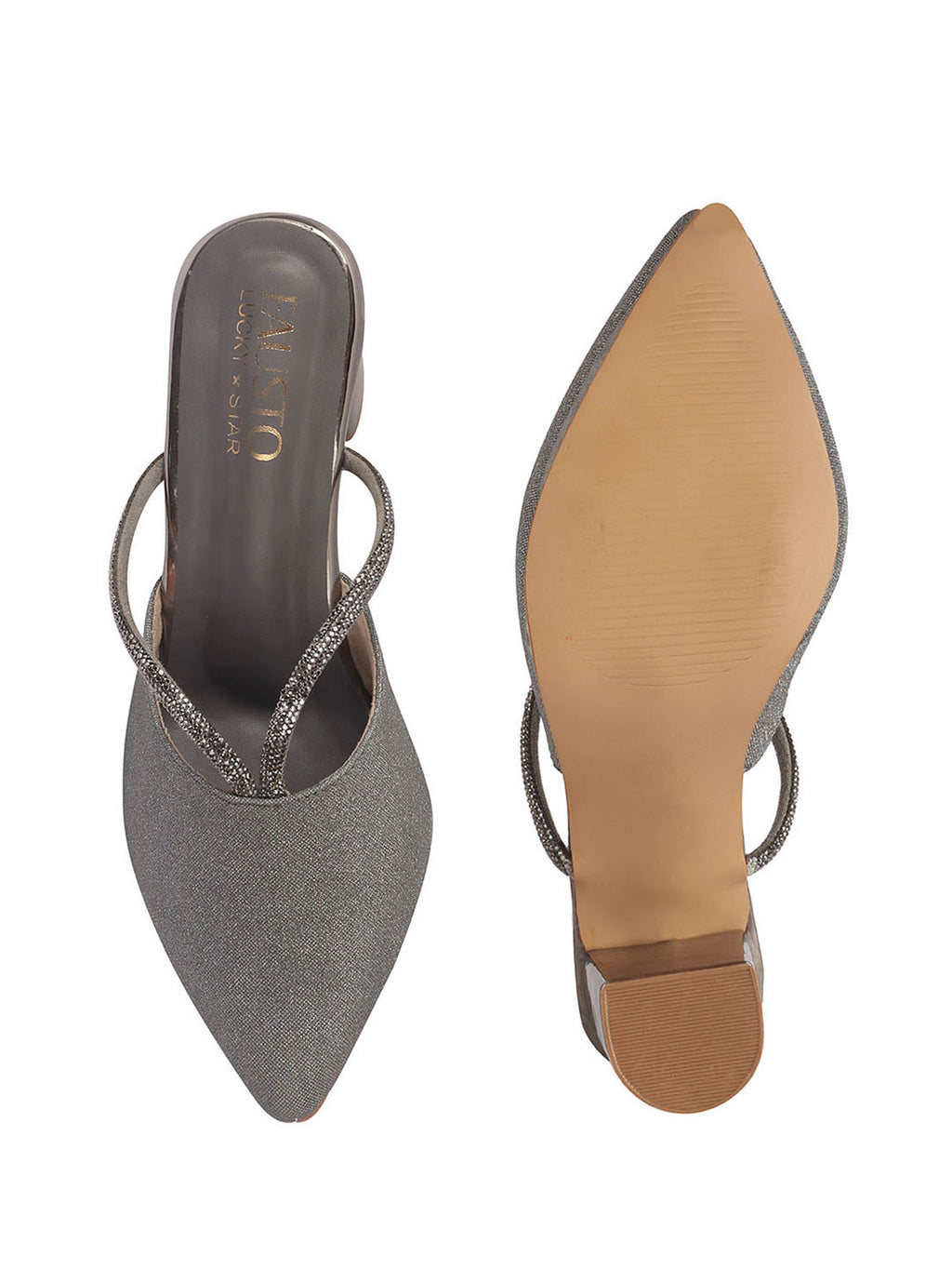 Women Grey Pointed Toe Block Heel Back Open Shoe Style Sandals|Soft Padded Insole|Semi Formal Outfit Shimmering Strap Sandals
