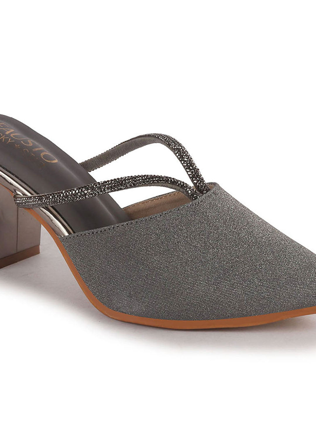 Women Grey Pointed Toe Block Heel Back Open Shoe Style Sandals|Soft Padded Insole|Semi Formal Outfit Shimmering Strap Sandals
