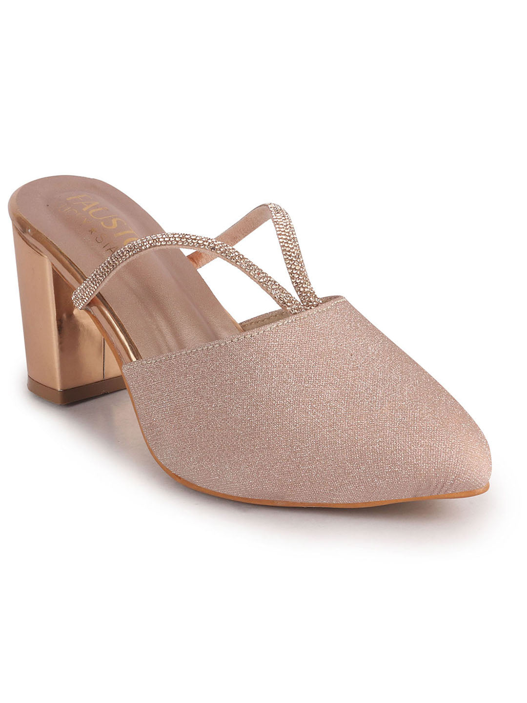 Women Rose Gold Pointed Toe Block Heel Back Open Shoe Style Sandals|Soft Padded Insole|Semi Formal Outfit Shimmering Strap Sandals