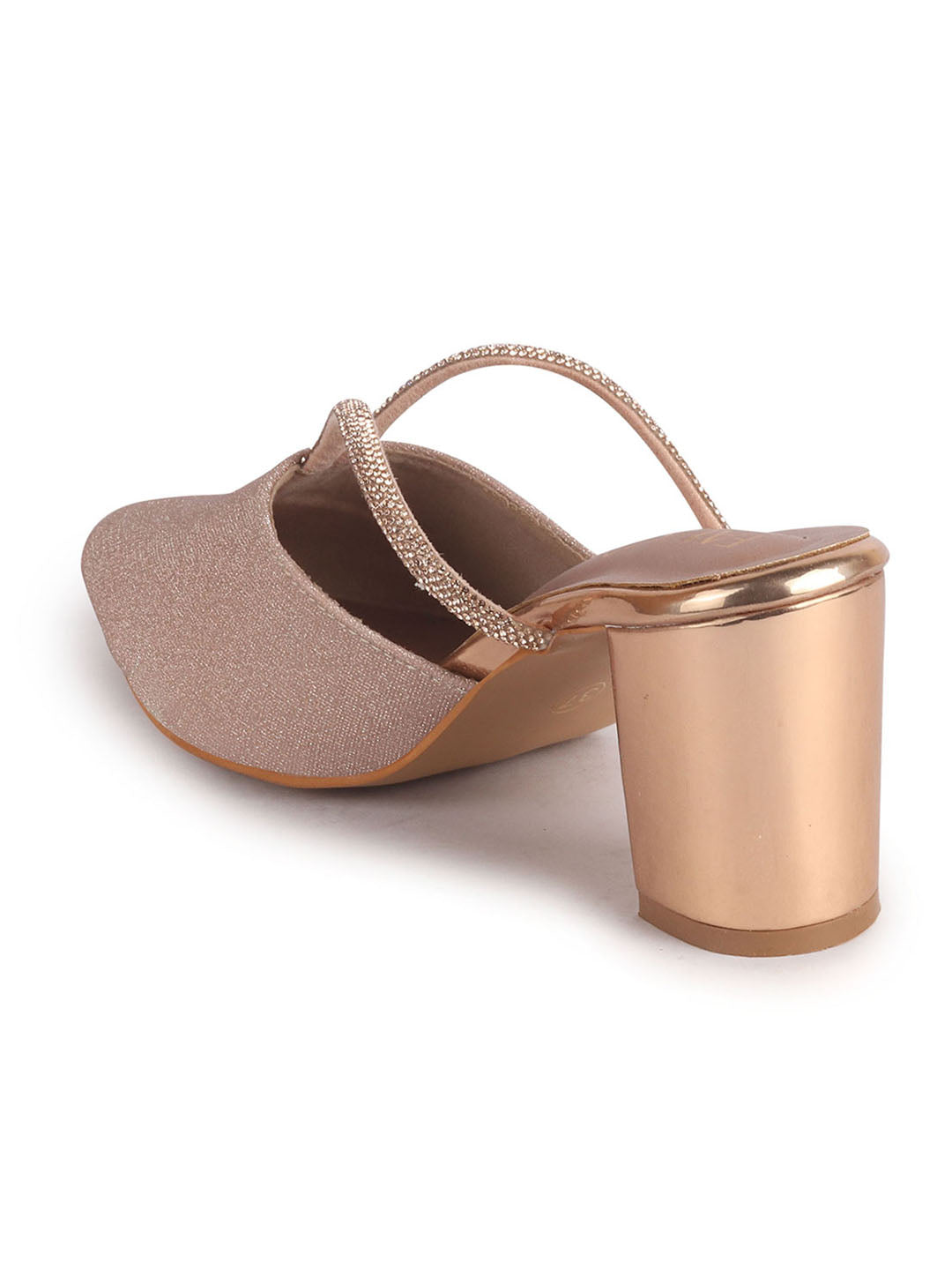 Women Rose Gold Pointed Toe Block Heel Back Open Shoe Style Sandals|Soft Padded Insole|Semi Formal Outfit Shimmering Strap Sandals