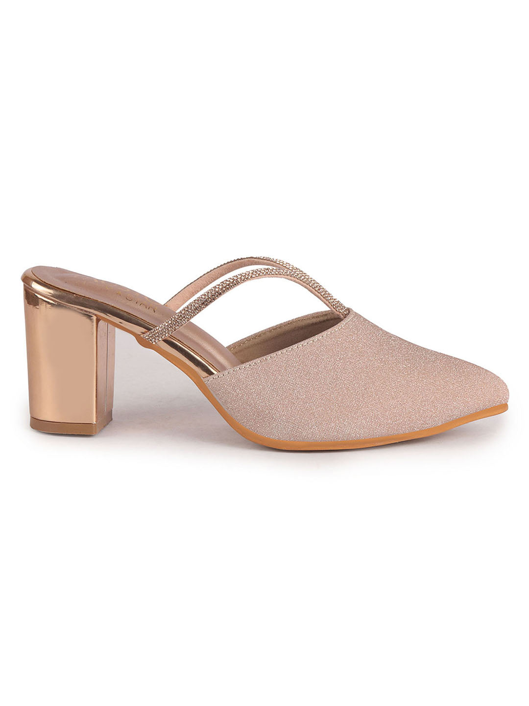 Women Rose Gold Pointed Toe Block Heel Back Open Shoe Style Sandals|Soft Padded Insole|Semi Formal Outfit Shimmering Strap Sandals